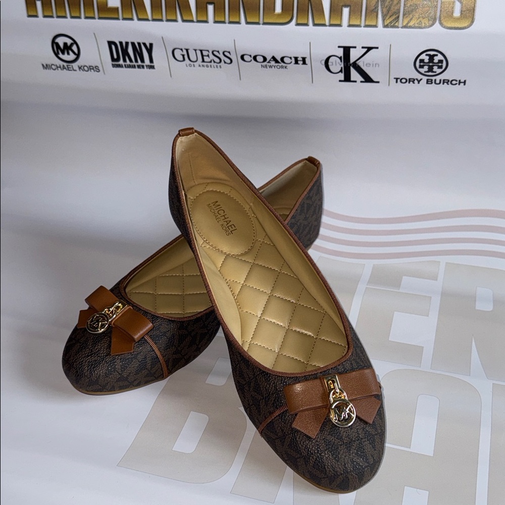 Michael Kors Honey Ballet Brown Flats with Gold Accents with Box